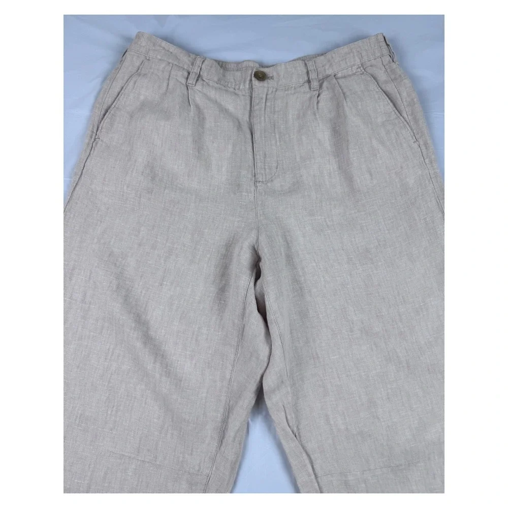 Lands End Womens 14 High Rise 100% Linen Pleated Wide Leg Pants Oatmeal Beige